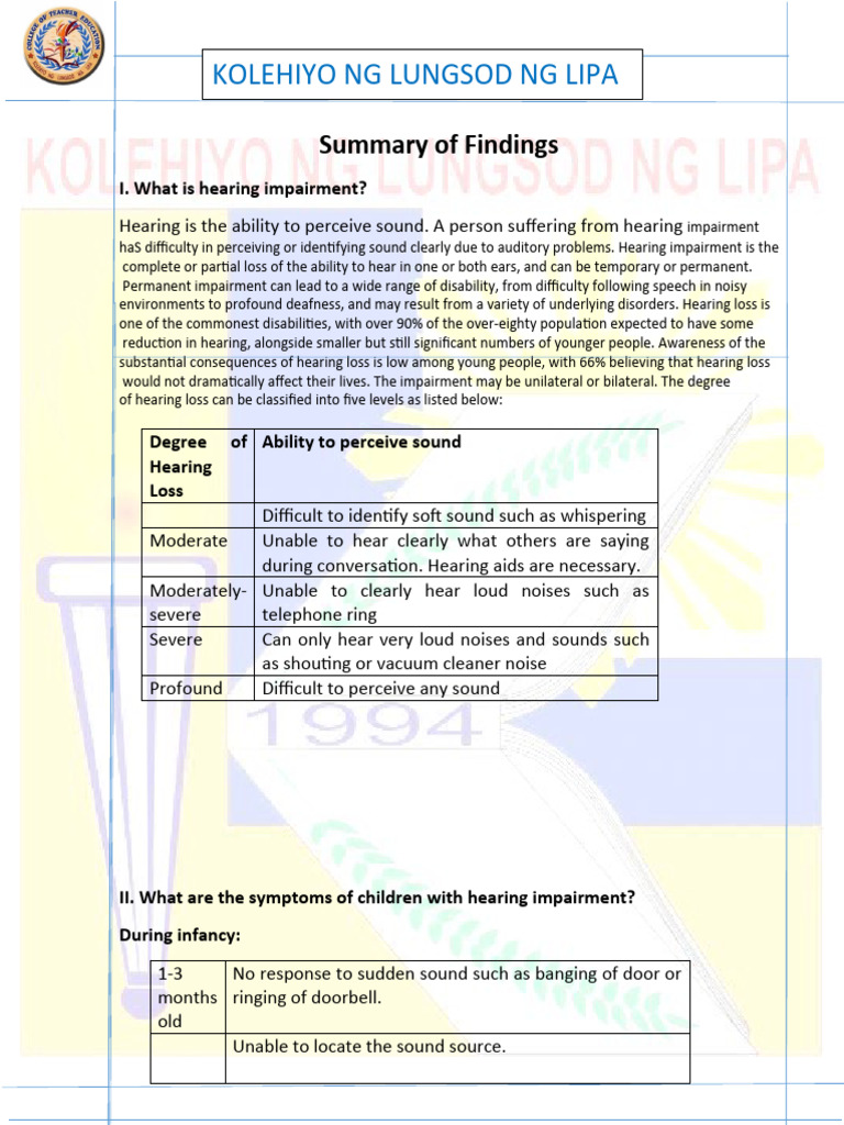 Summary of Findings | PDF | Hearing Loss | Clinical Medicine
