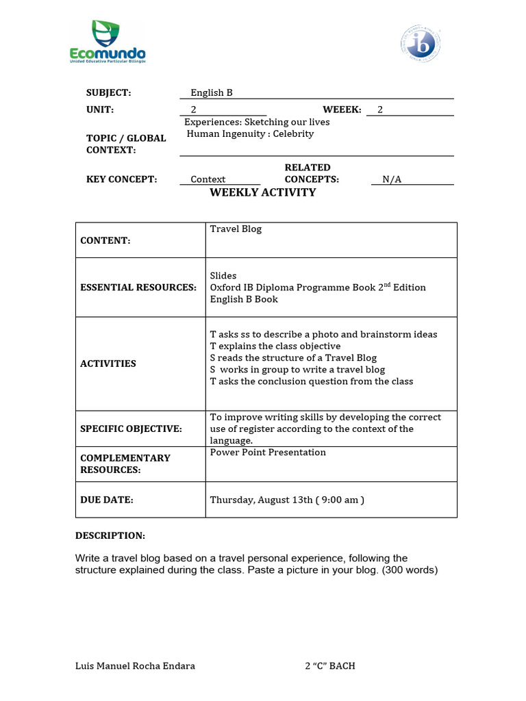English b weekly activities 2 pdf taste lima