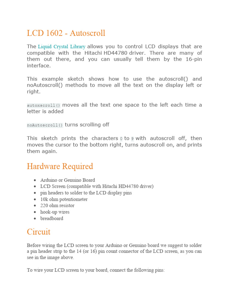 LCD 1602 Autoscroll with Arduino | PDF | Arduino | Liquid Crystal Display