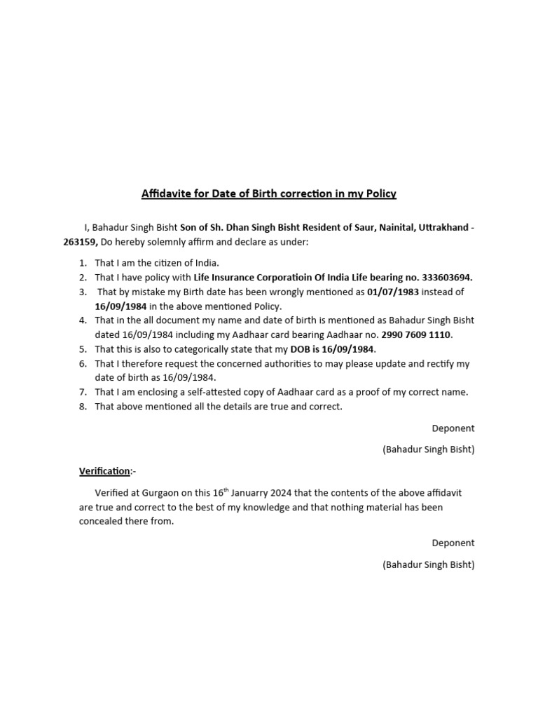 Affidavit for Date of Birth Correction | PDF