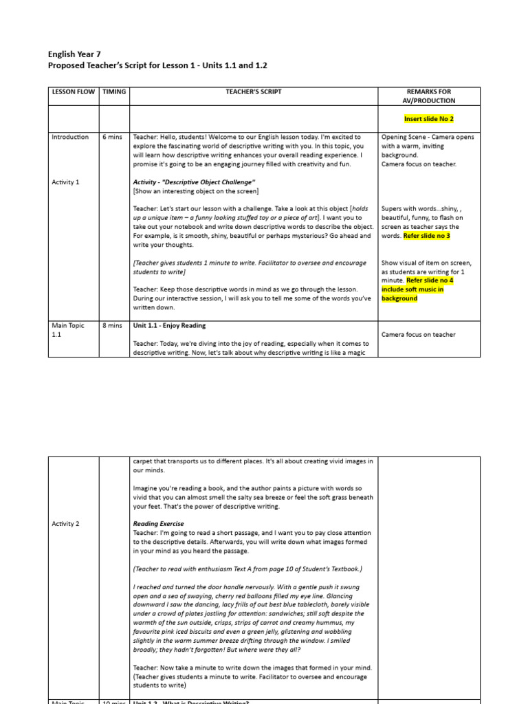 2024 English Y7 Script For Units 1.1 N 1.2 PDF Senses Experience