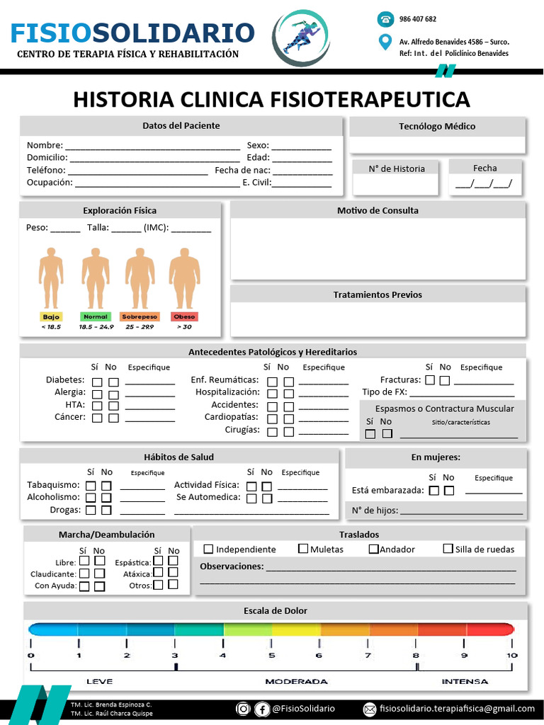 Formato de Historia Clínica en Fisioterapia | PDF | Tobillo | Codo