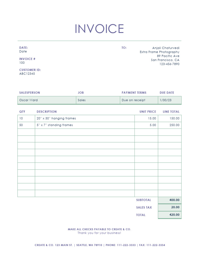 Invoice for Extra Frame Photography | PDF