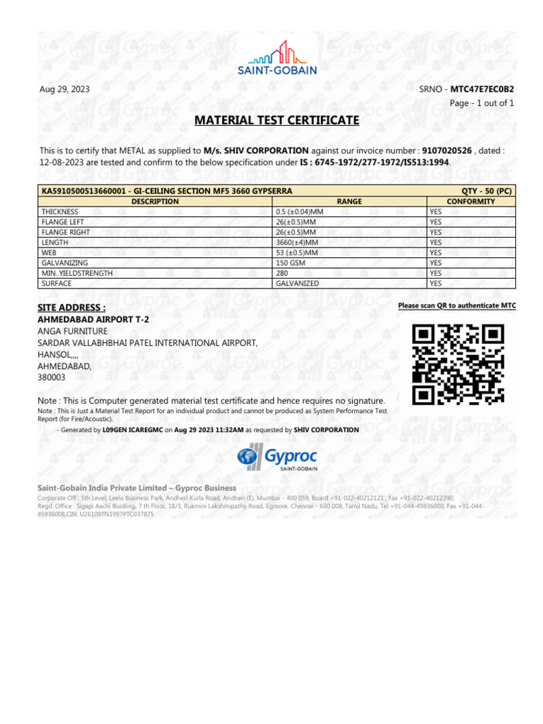 Material Test Certificate for GI Sections | PDF