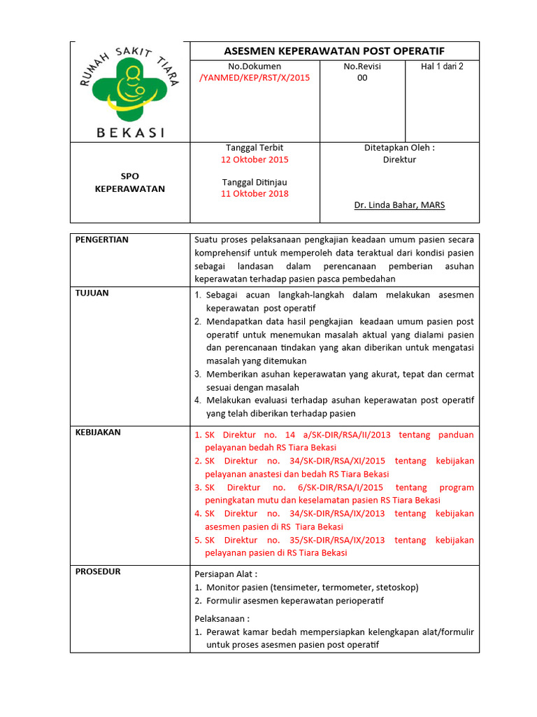 Prosedur Asesmen Keperawatan Post Operatif | PDF
