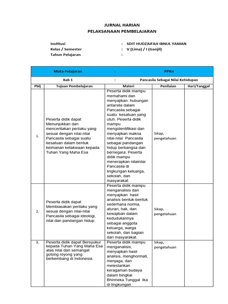 Jurnal Harian Kelas 5 Kurikulum Merdeka | PDF