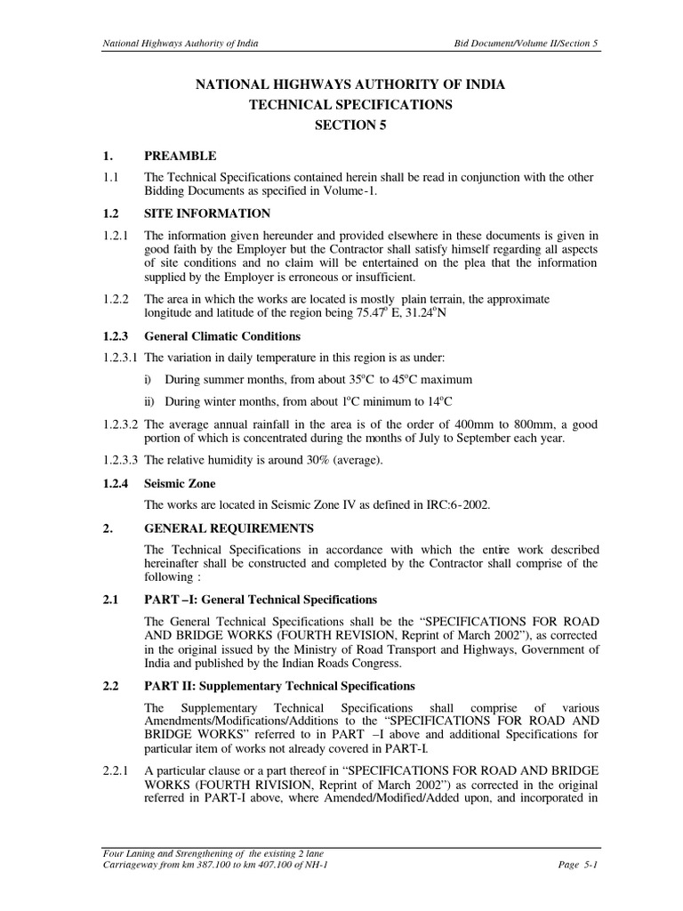 NH-1 Four Laning Technical Specifications | PDF | Road | Concrete