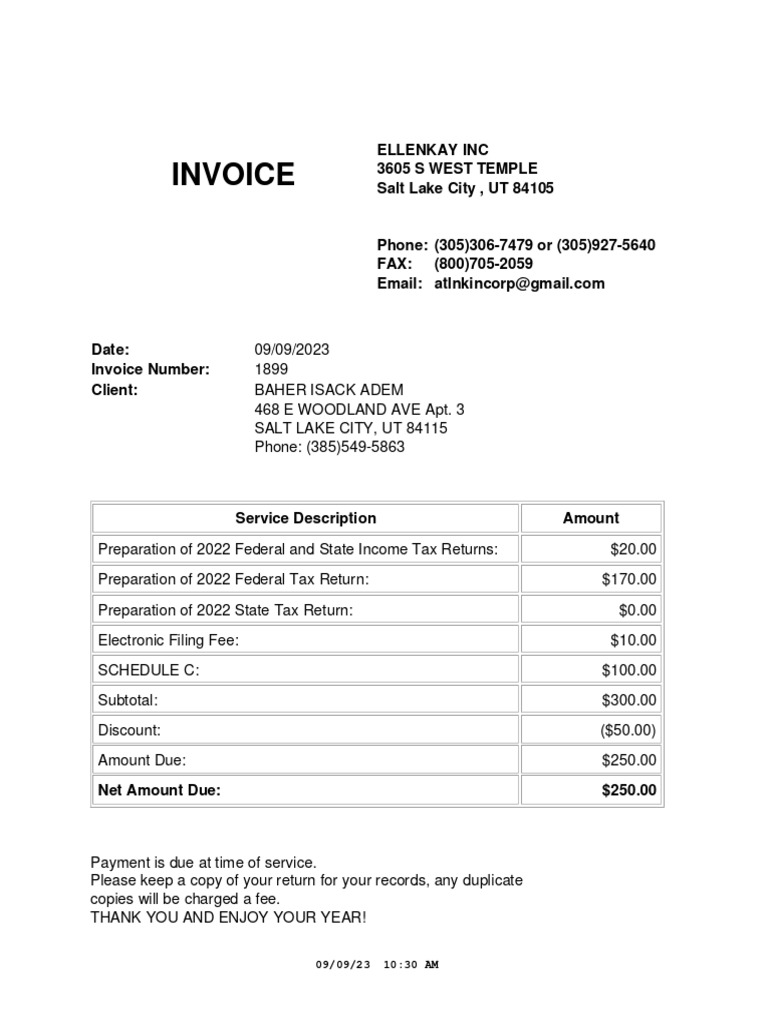 2022 Tax Return Invoice for Baher Adem | PDF | Irs Tax Forms | Tax ...