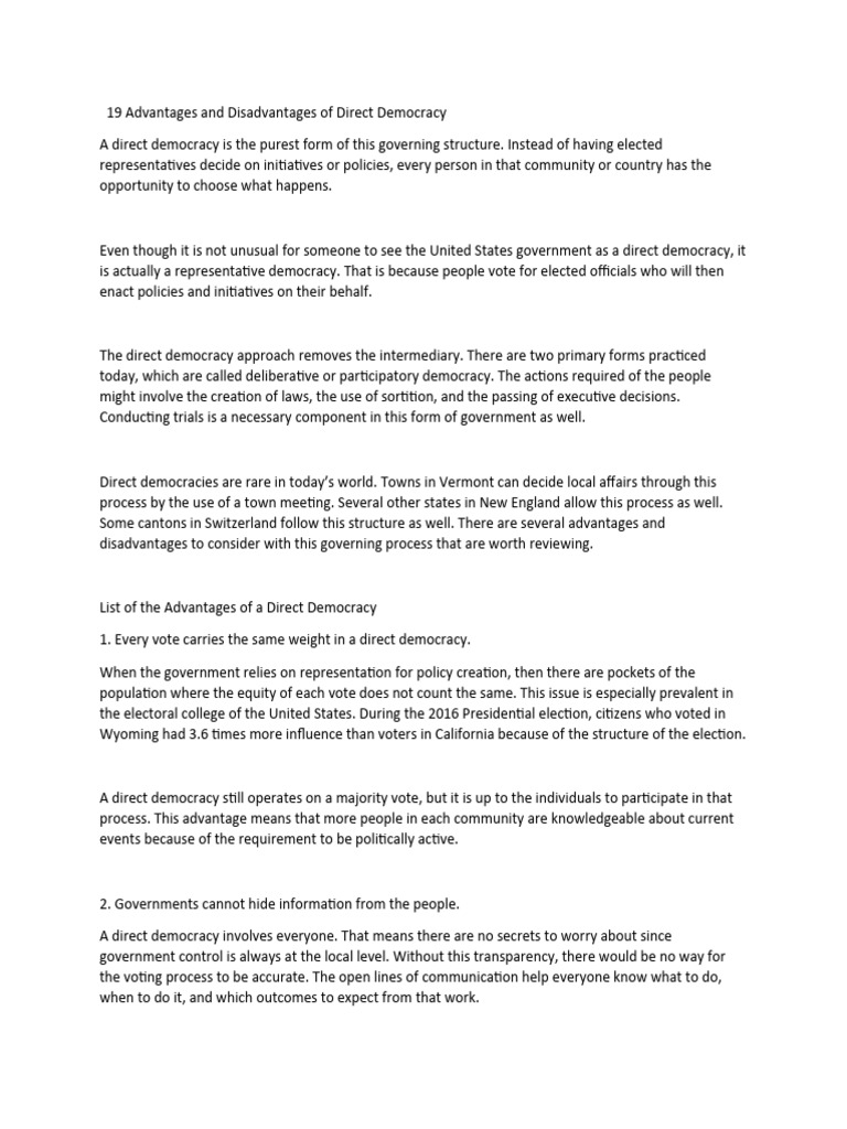 Advantages and Disadvantages of Direct Democracy | PDF | Democracy ...