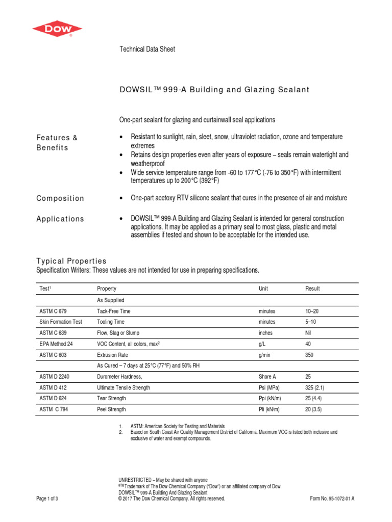 DOWSIL 999A Silicone Glazing Sealant Product Data 1799983 | PDF ...