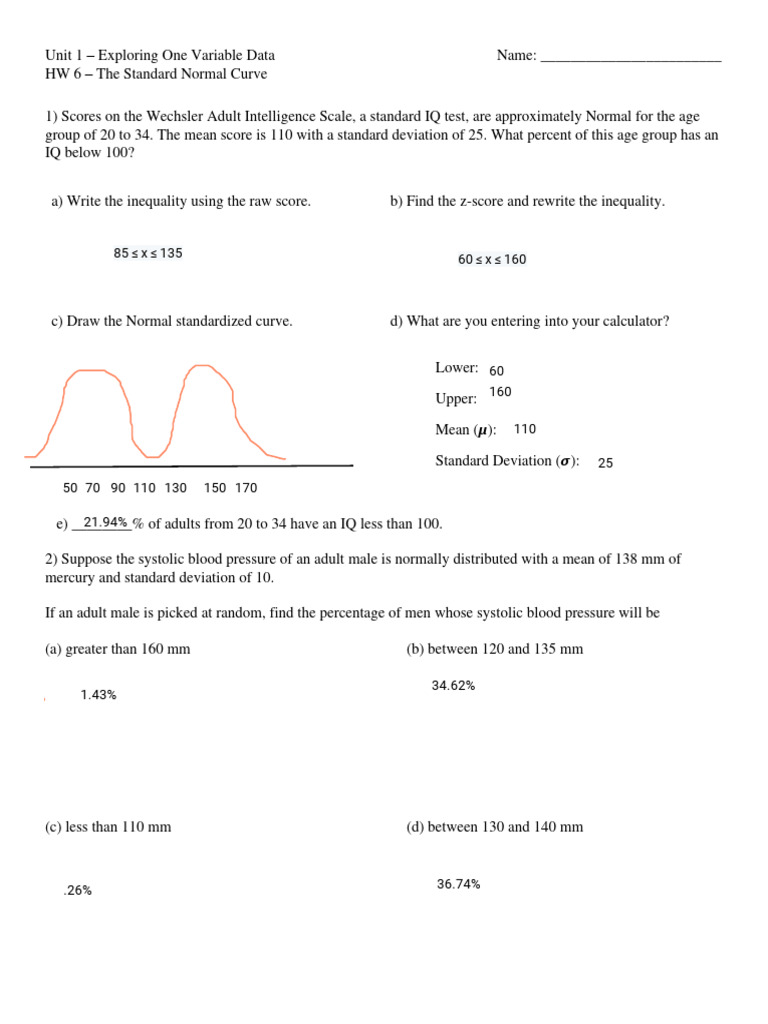 Standard Normal Curve Worksheet | PDF | Standard Score | Percentile