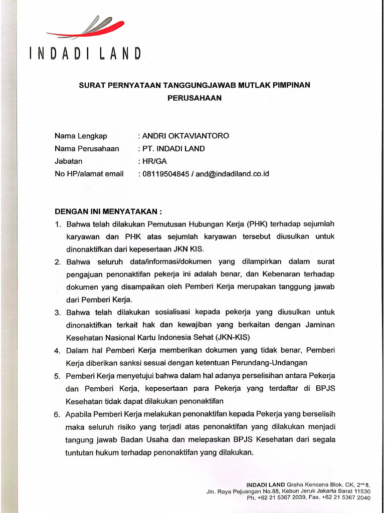 Surat Pernyataan Tanggungjawab Mutlak Pimpinan Perusahaan KRISTOFEL ...