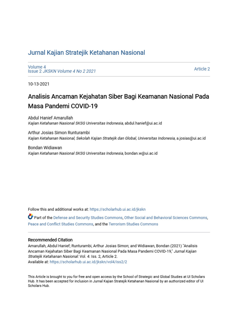 Analisis Ancaman Kejahatan Siber Bagi Keamanan Nasional Pada Masa Pdf