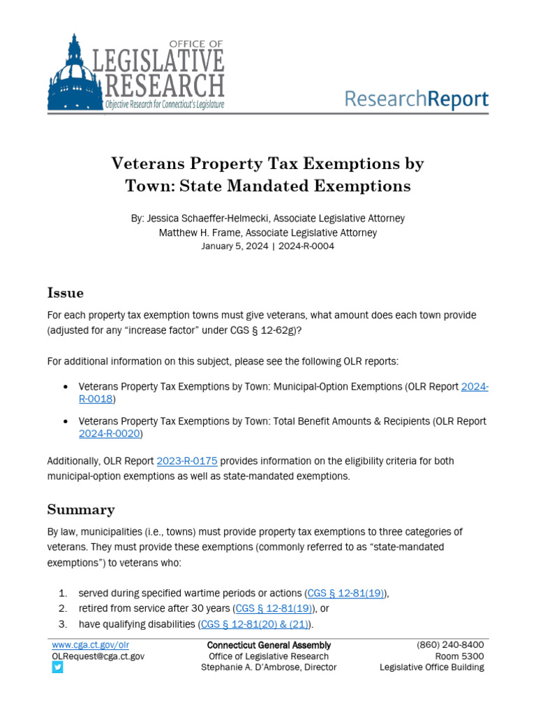 Veterans Property Tax Exemptions by Town State Mandated Exemptions