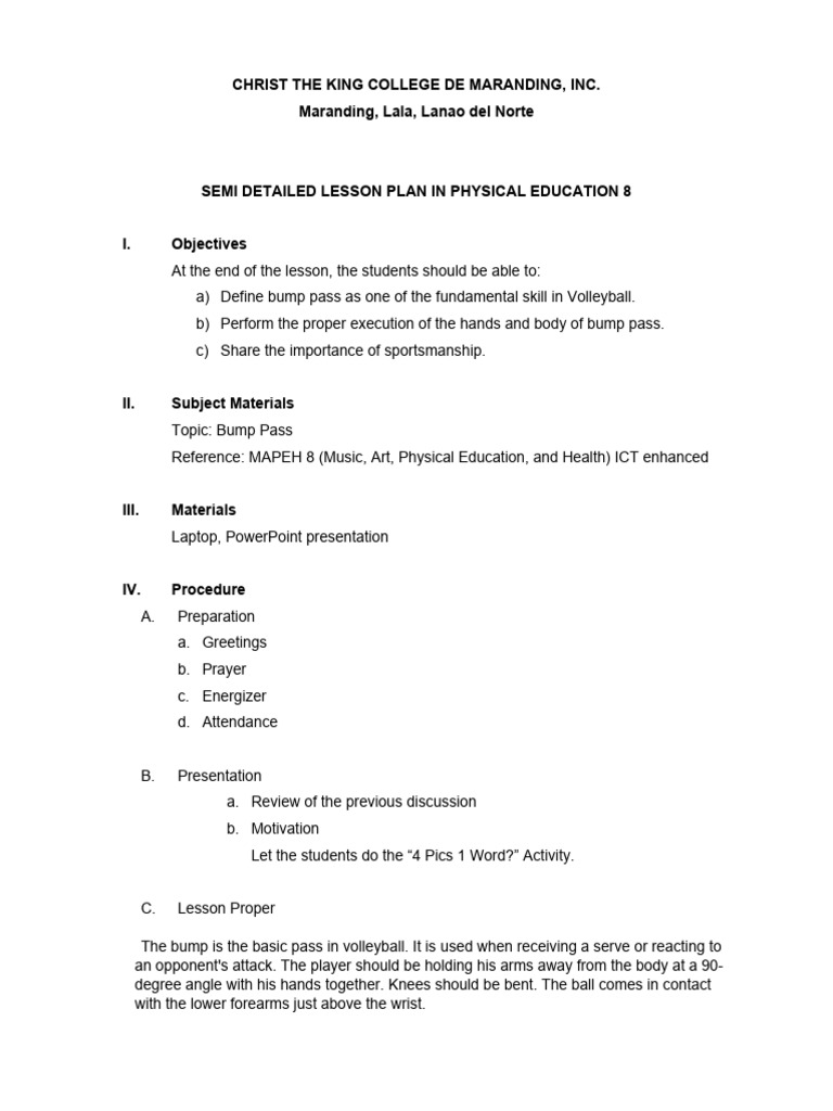 Bump Pass Volleyball Skills Semi Detailed Lesson Plan Pdf Volleyball