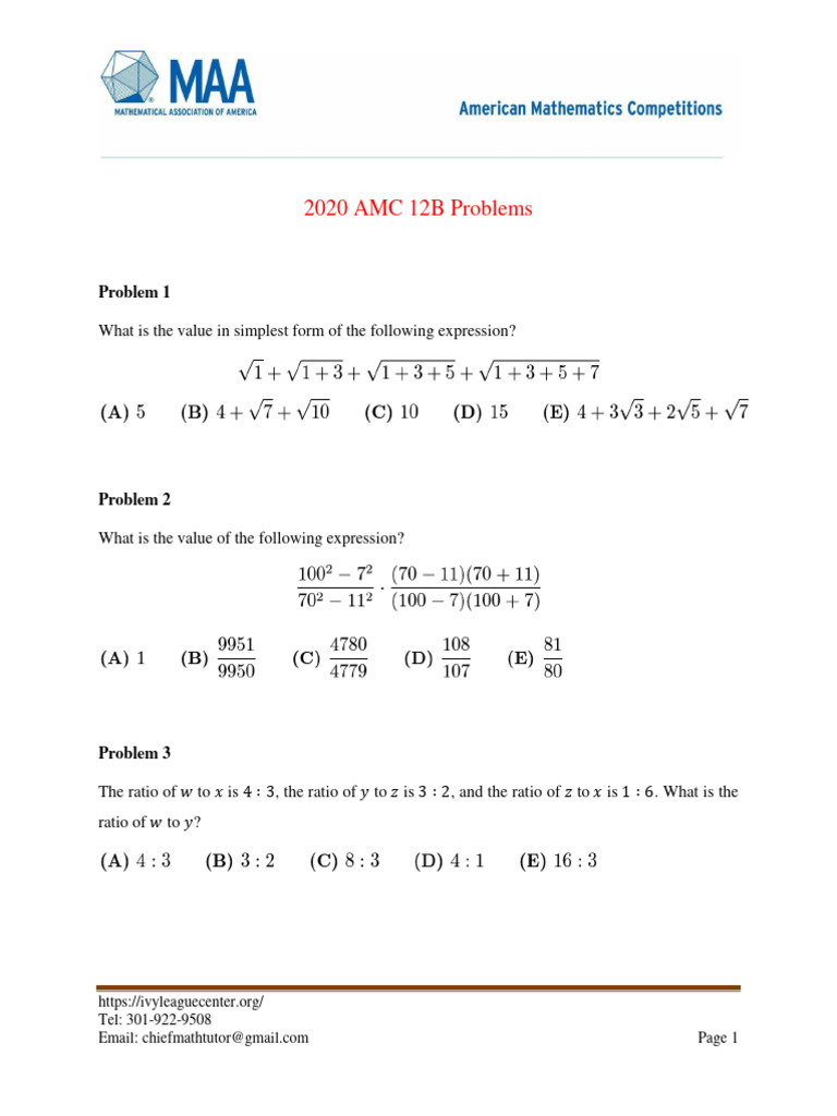 2020 AMC 12B Problem Set | PDF | Ratio | Circle