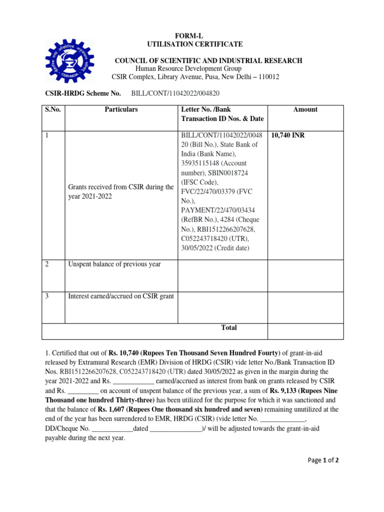 CSIR HRDG Utilization Certificate Form | PDF | Cheque | Banks