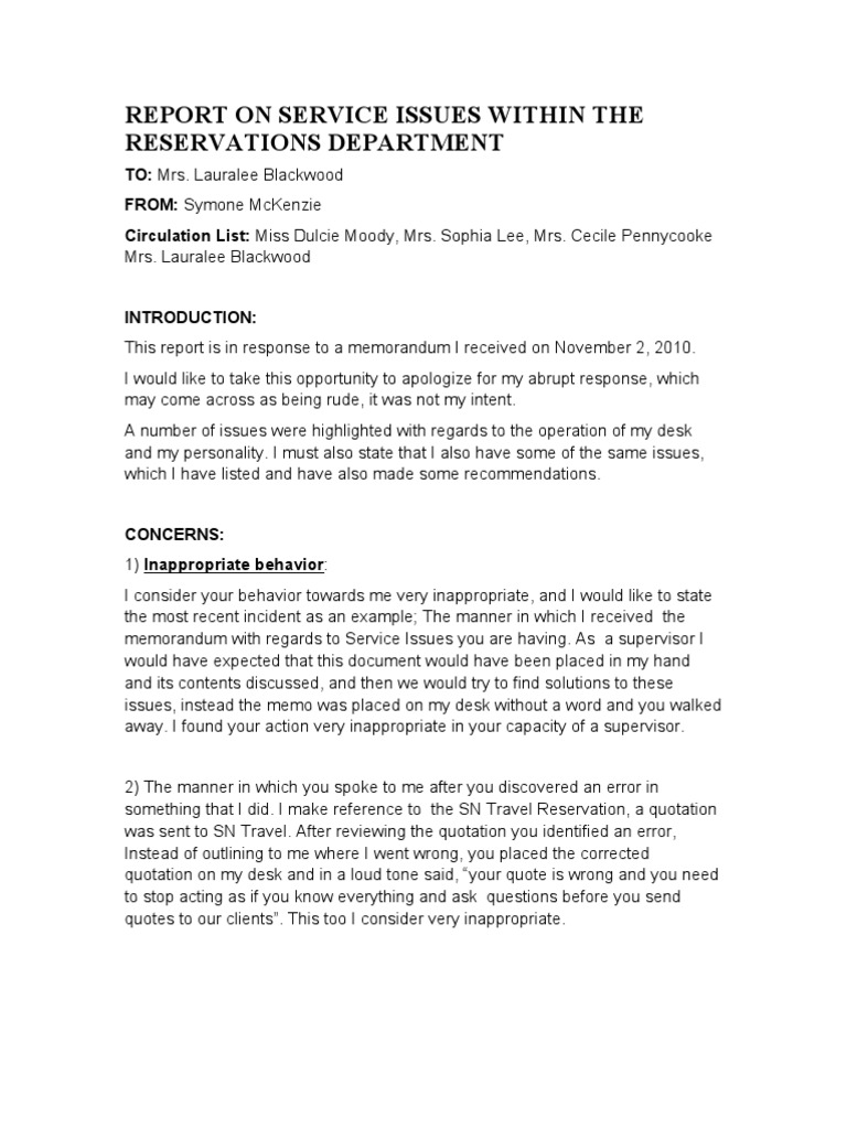 Service Issues in Reservations Department | PDF | Memorandum | Business