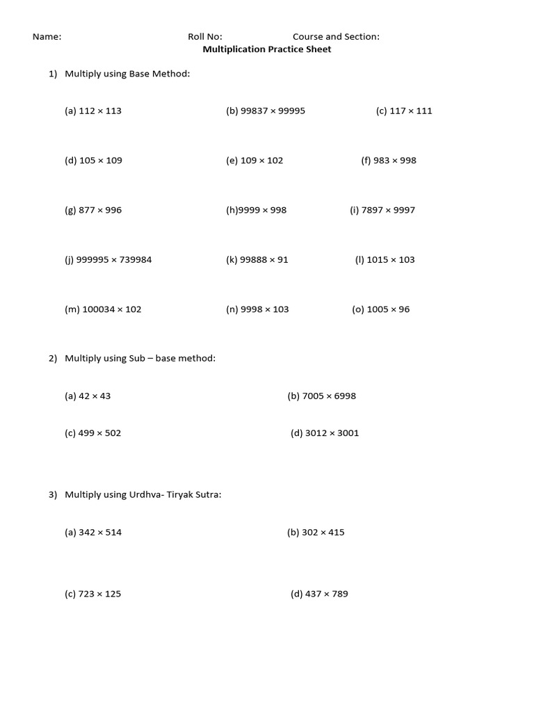 Vedic Maths Multiplication Practice Sheet | PDF