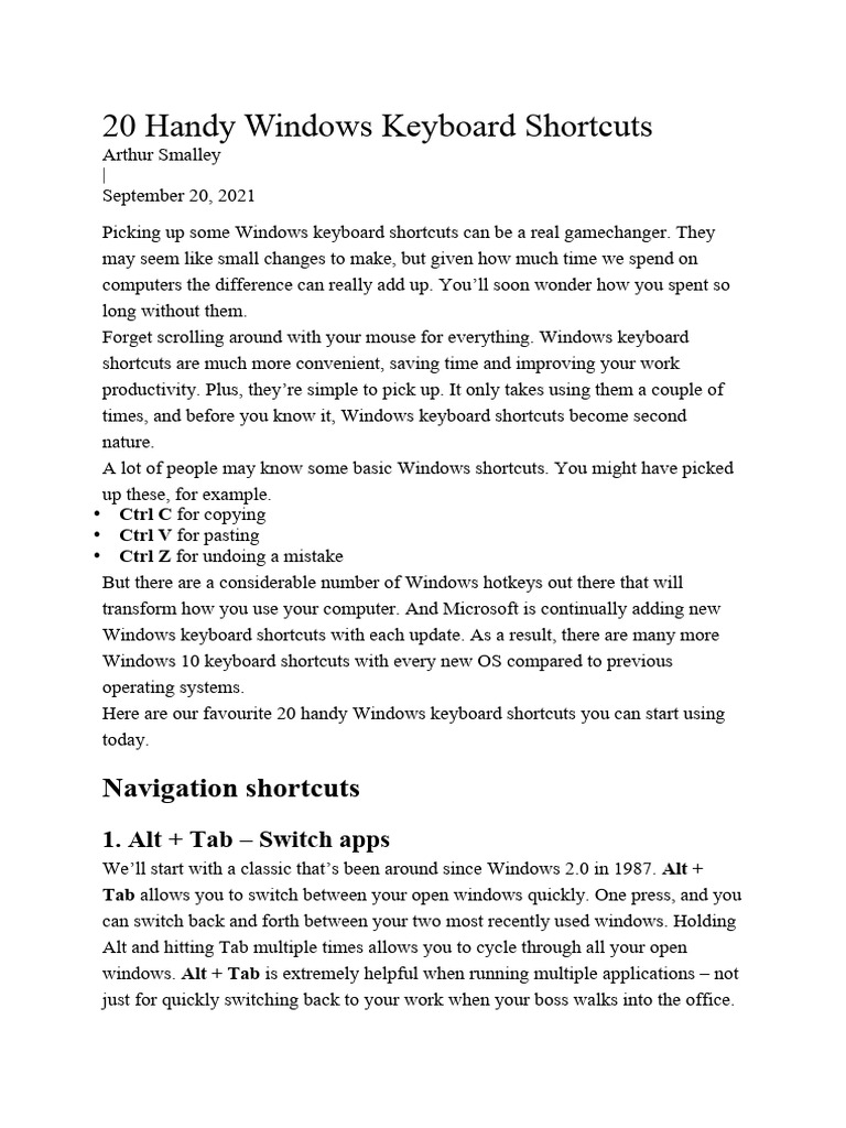 20 Handy Windows Keyboard Shortcuts | PDF | Screenshot | Keyboard Shortcut