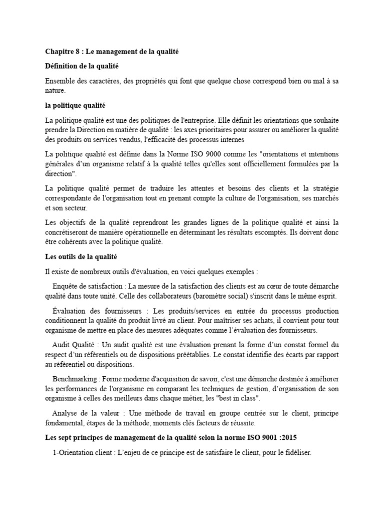 Management de la qualité selon ISO 9001 | PDF | Management de la ...