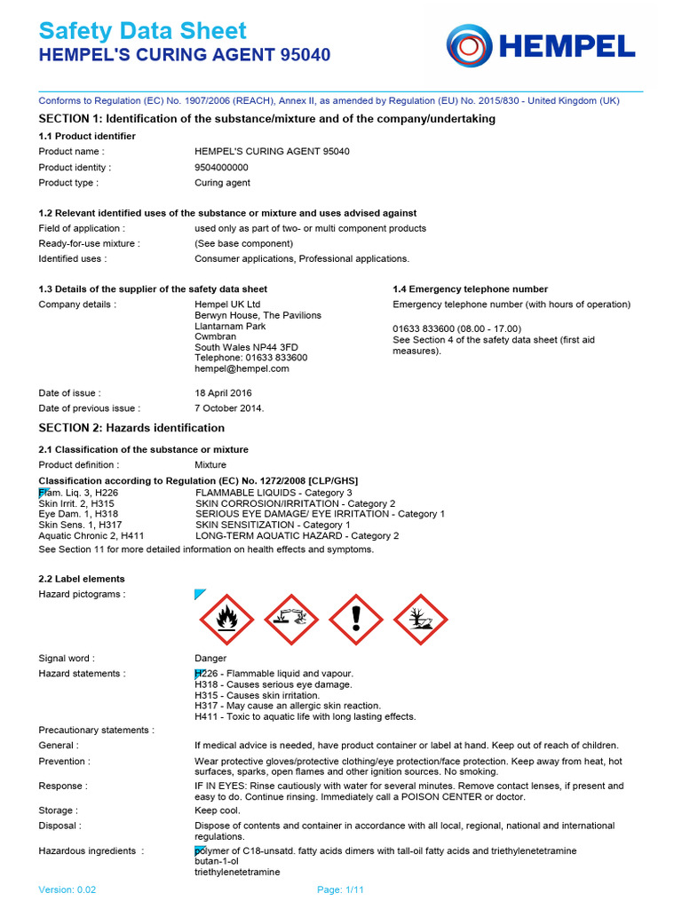 Hempel's Curing Agent 95040 SDS | PDF | Toxicity | Occupational Safety ...