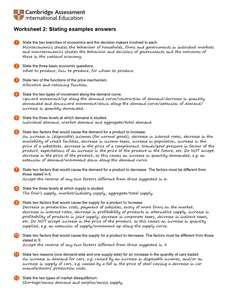AO1 Worksheet 2 Stating Examples Answers PDF Demand Price