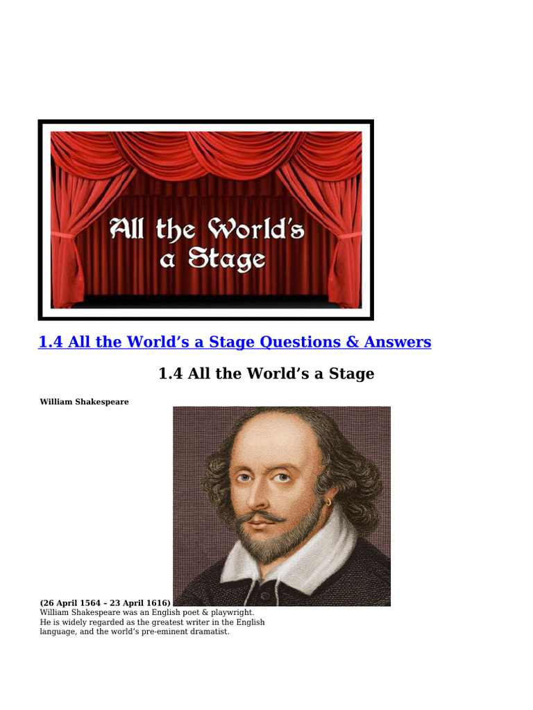 All the World's a Stage: Summary & Q&A | PDF | Poetry | William Shakespeare
