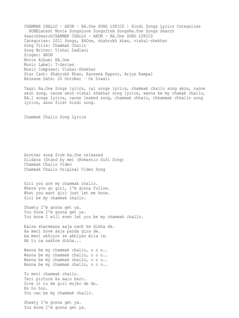 Chammak Challo Akon Ra One Song Lyrics Hindi Songs Lyrics Pdf Bollywood Film Production Districts