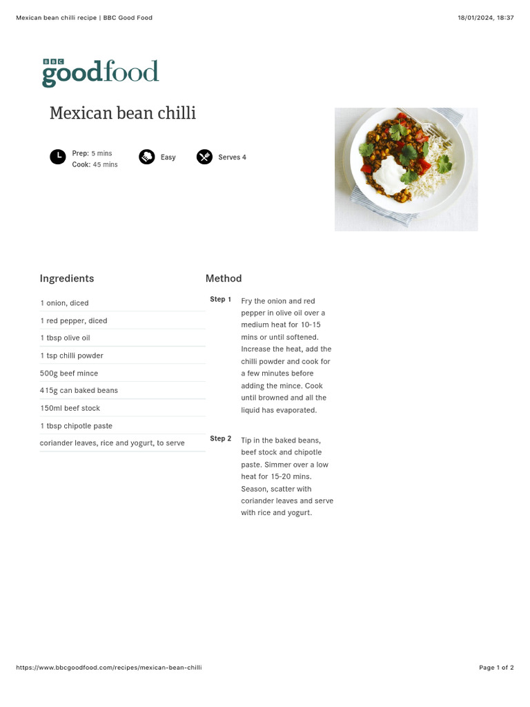 Mexican Bean Chilli Recipe BBC Good Food PDF