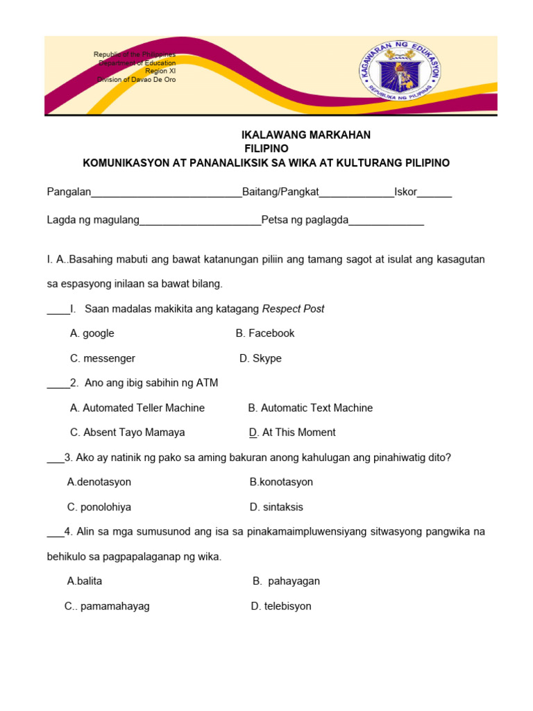 Talatanungan Filipino 11 | PDF