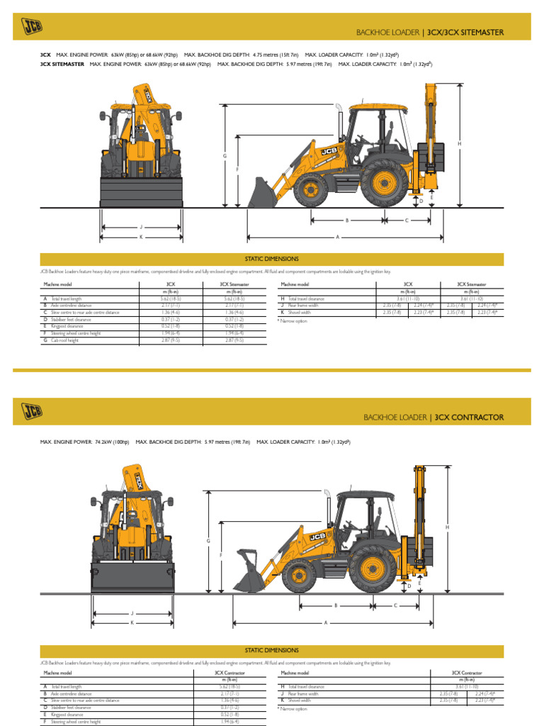 JCB 3cx Spec PDF Horsepower Loader (Equipment)