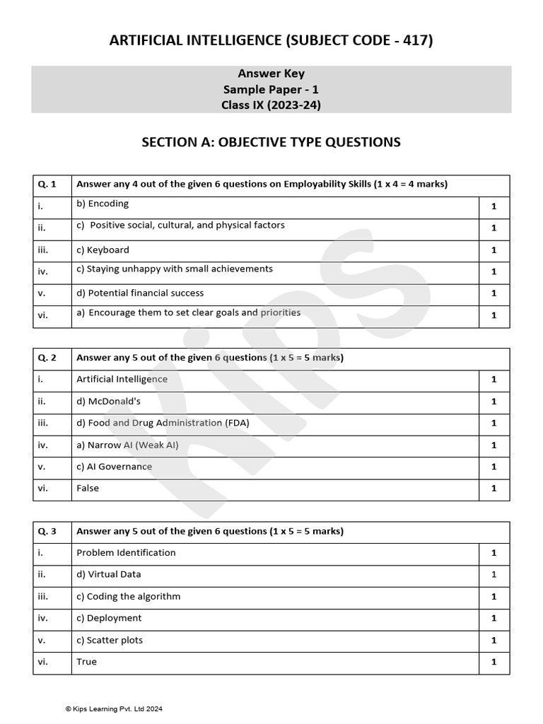 Ai class 9 sample paper 1 answer key pdf