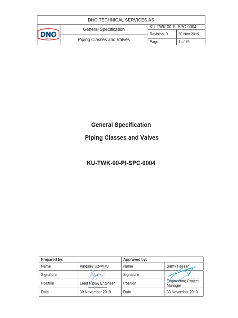 Piping Classes and Valves Specification | PDF