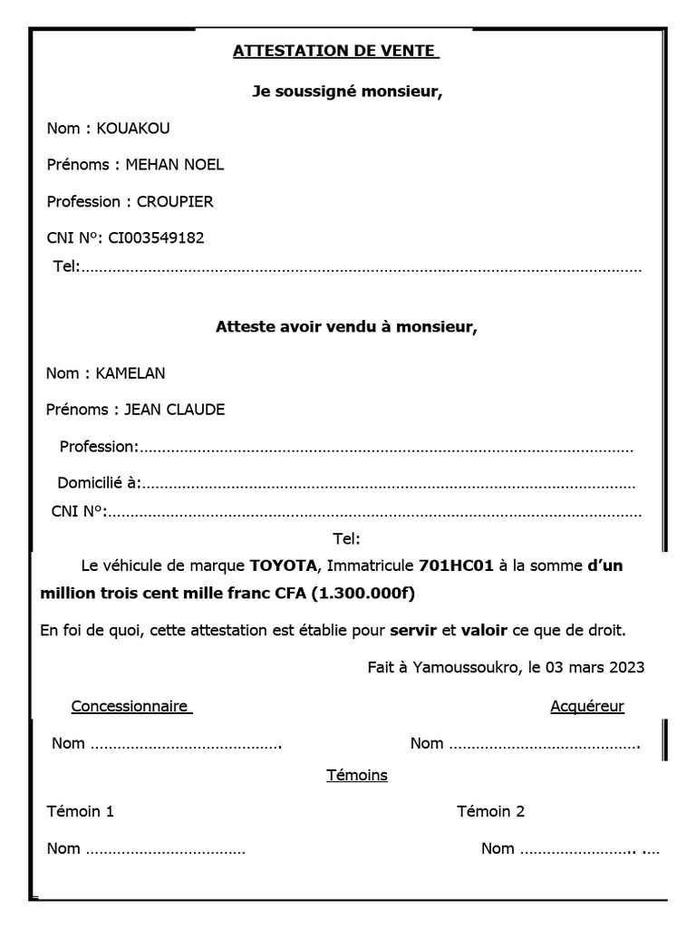 Attestation De Vente Immobiliere