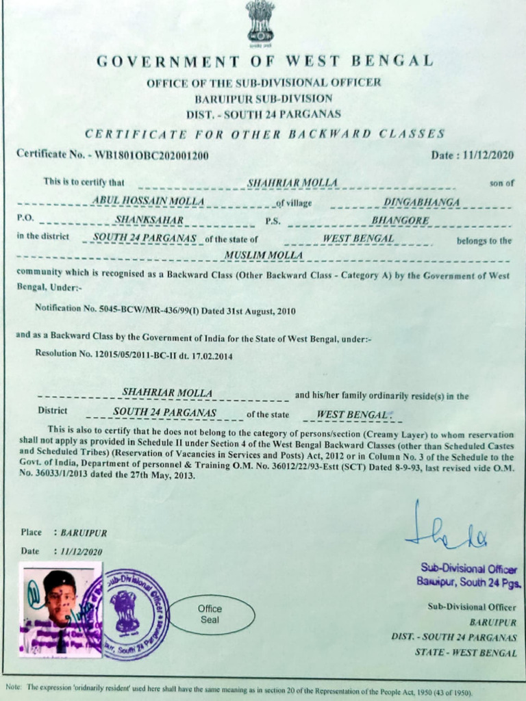 OBC Certificate for Shahriar Molla | PDF | Caste | Politics Of India