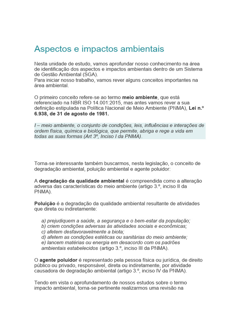 Aspectos e Impactos Ambientais na ISO 14001 | PDF | Ambiente natural ...