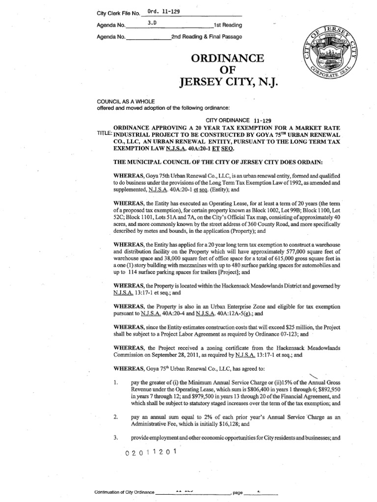 Goya Jersey City Tax Abatement Deal PDF Fee Interest