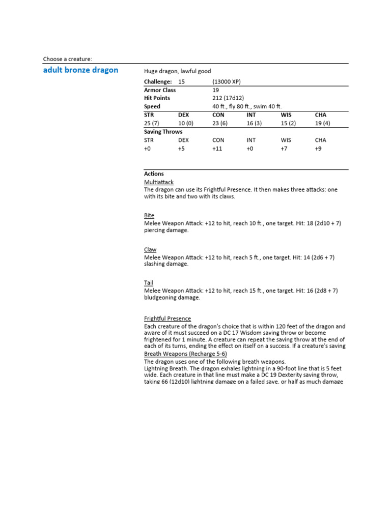 Adult Bronze Dragon Stats and Abilities | PDF | Dragon | Fantasy