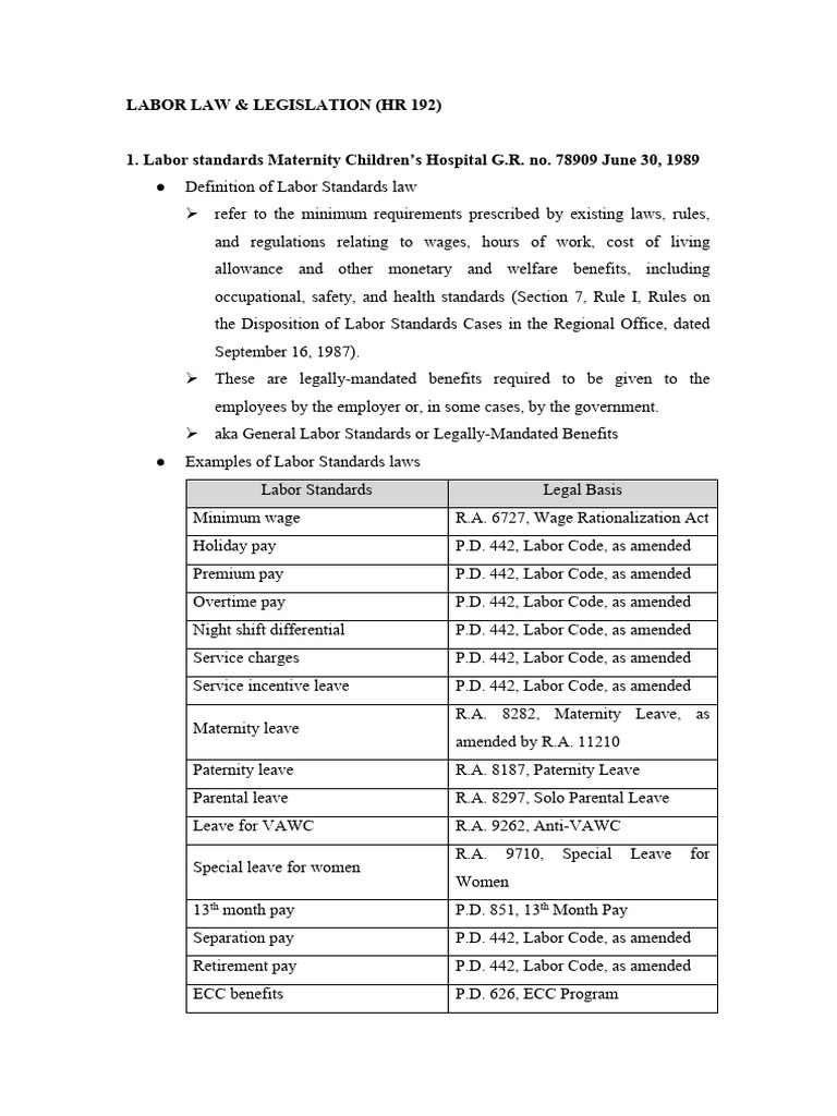 Overview of Labor Law Standards in HR 192 | PDF