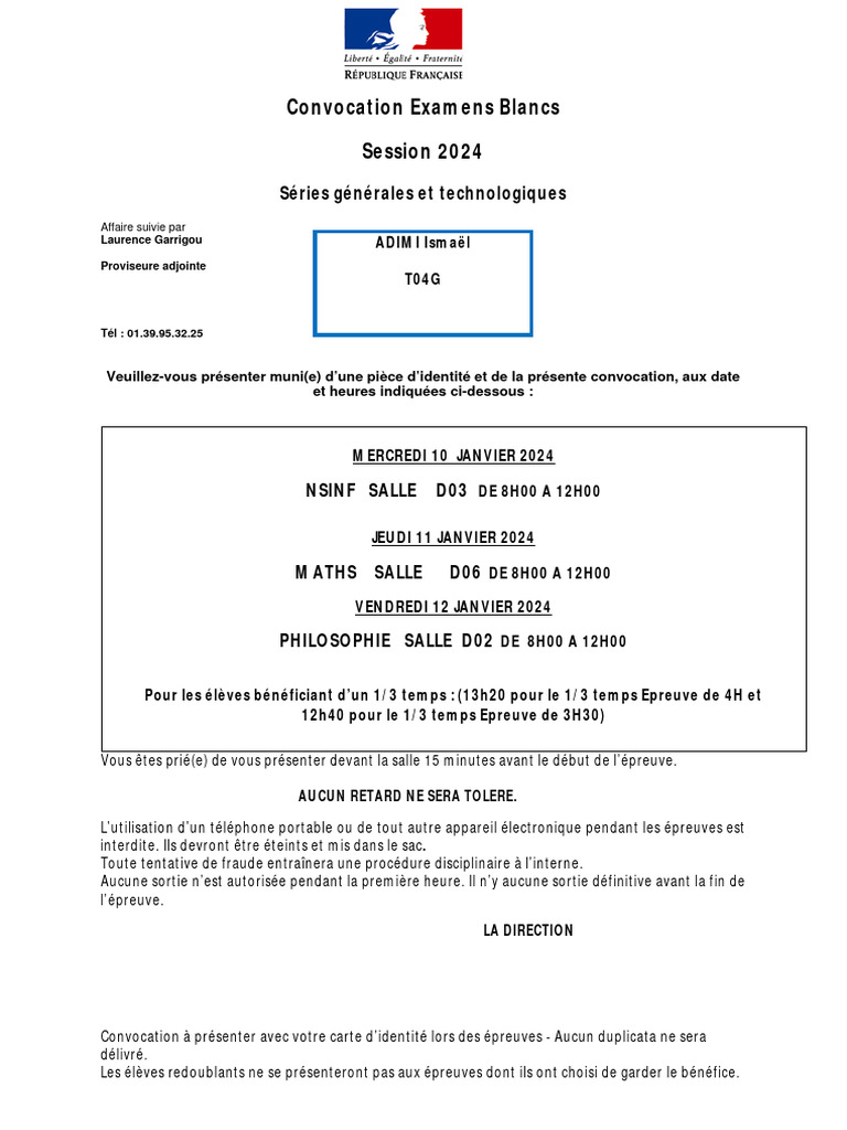 Convocation Examens Blancs 2024 | PDF | Document d'identité ...