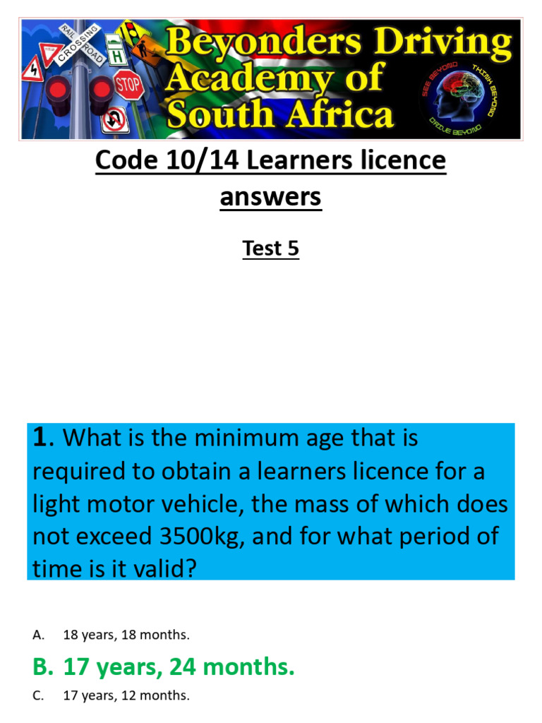Code 10 14 learners licence test 5 answers 1 075502 pdf traffic