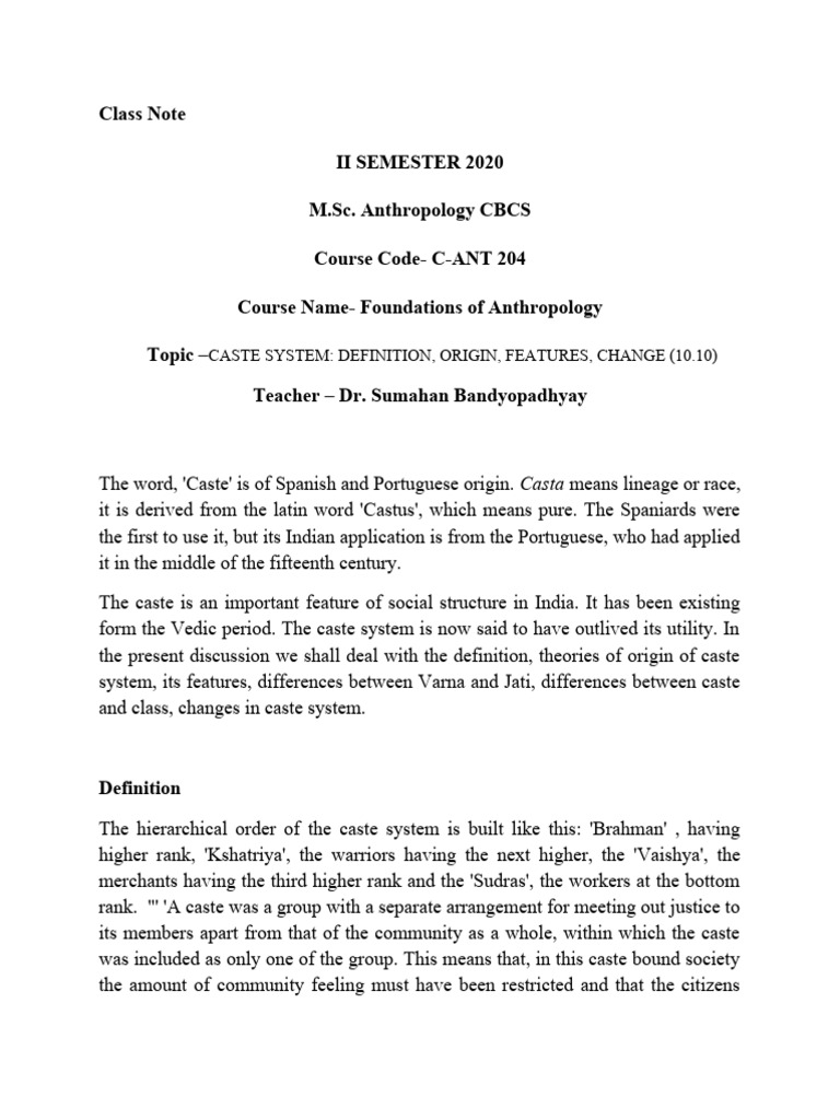 Ant 204 Cbcs 2 Sem Caste System Pdf