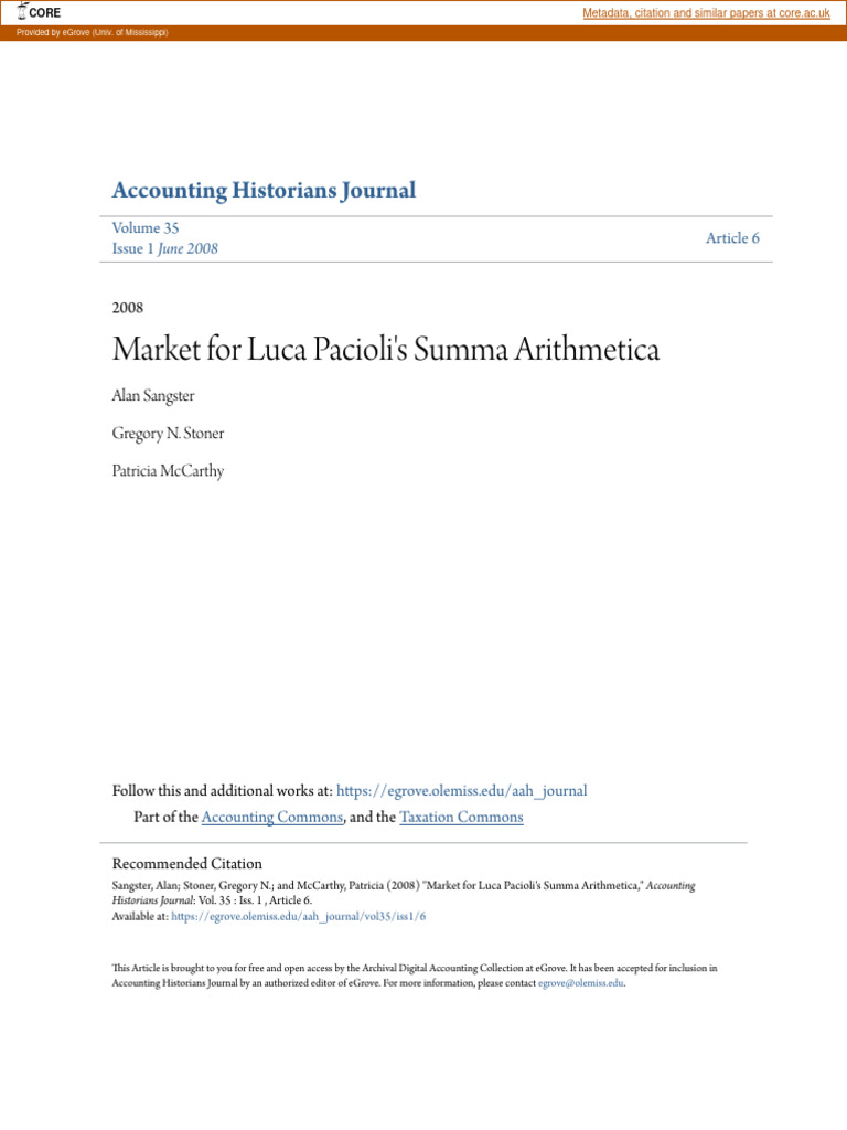 Market For Luca Pacioli's Summa Arithmetica Accounting Historians