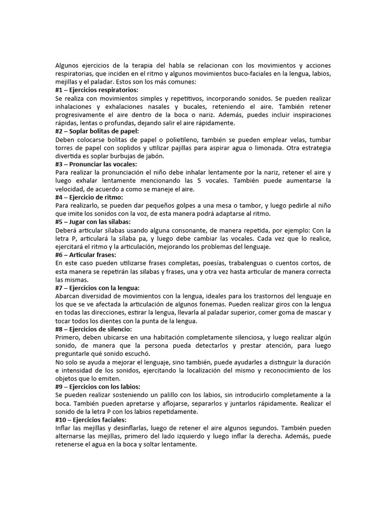 Ejercicios de Terapia del Habla para Niños | PDF