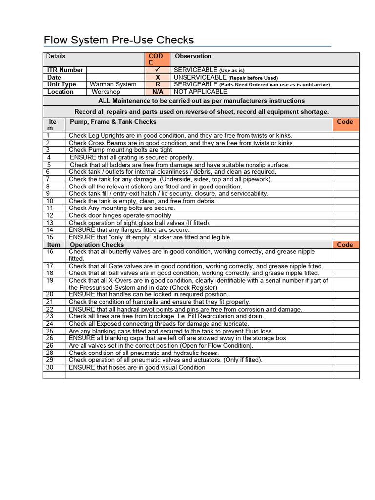 Warman System Pre-Use Checklist | PDF | Valve | Mechanical Engineering