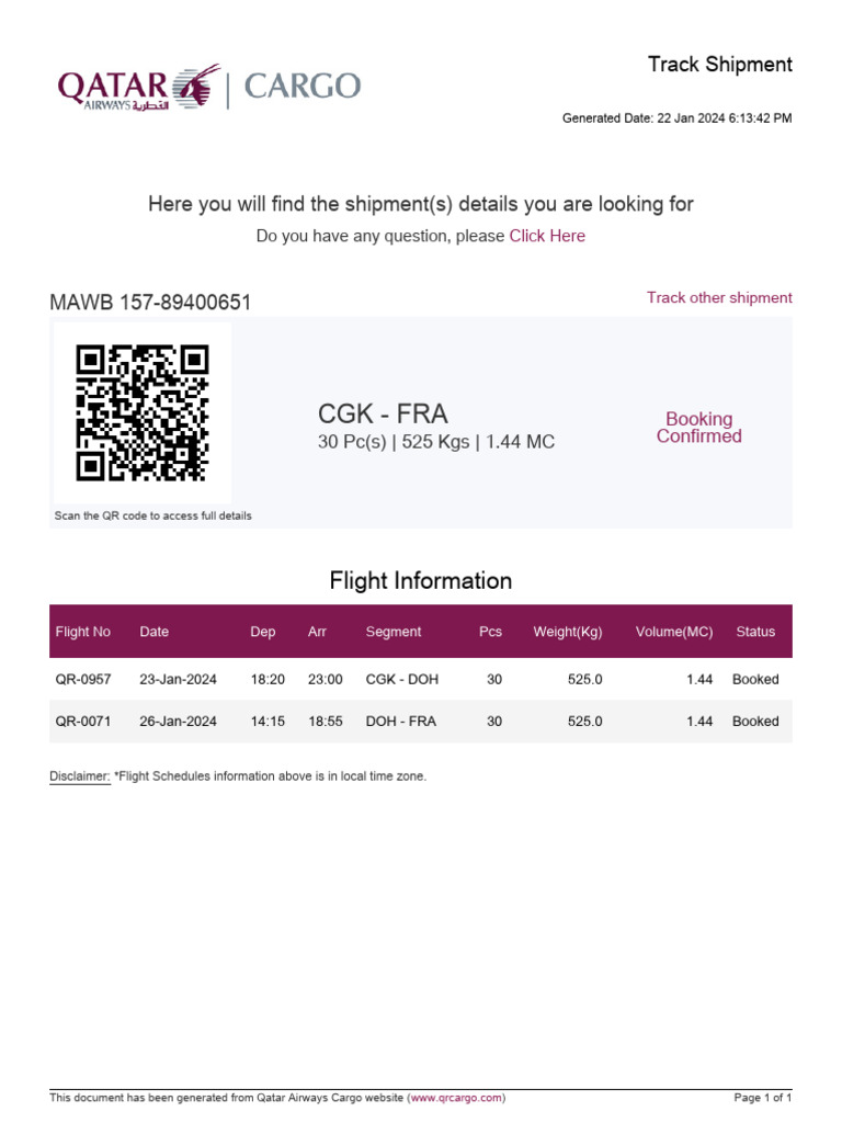 Qatar Airways Cargo Shipment Tracking | PDF