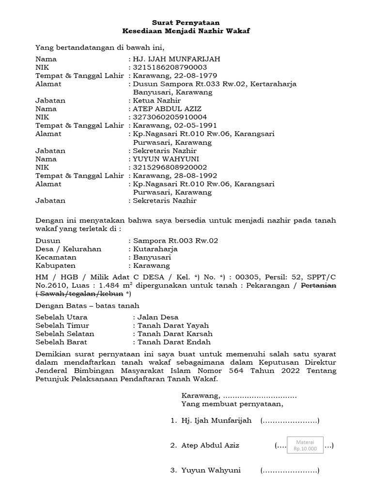 Surat Pernyataan Kesediaan Menjadi Nazhir Wakaf | PDF