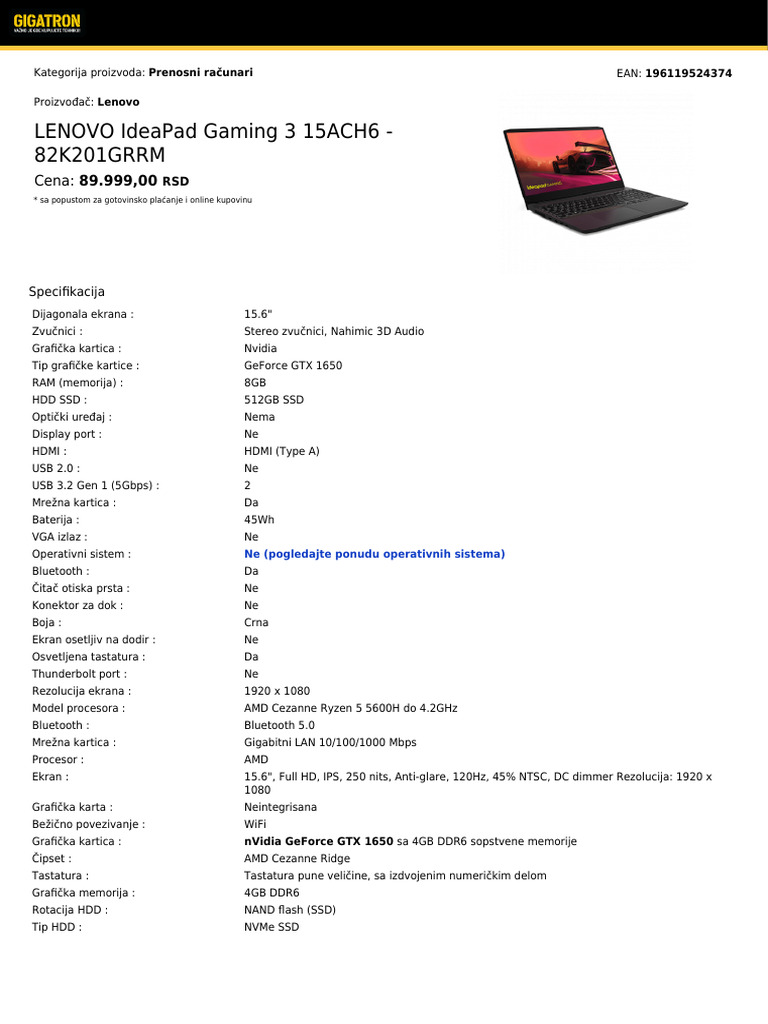 lenovo ideapad gaming 3 15ach6 display specs
