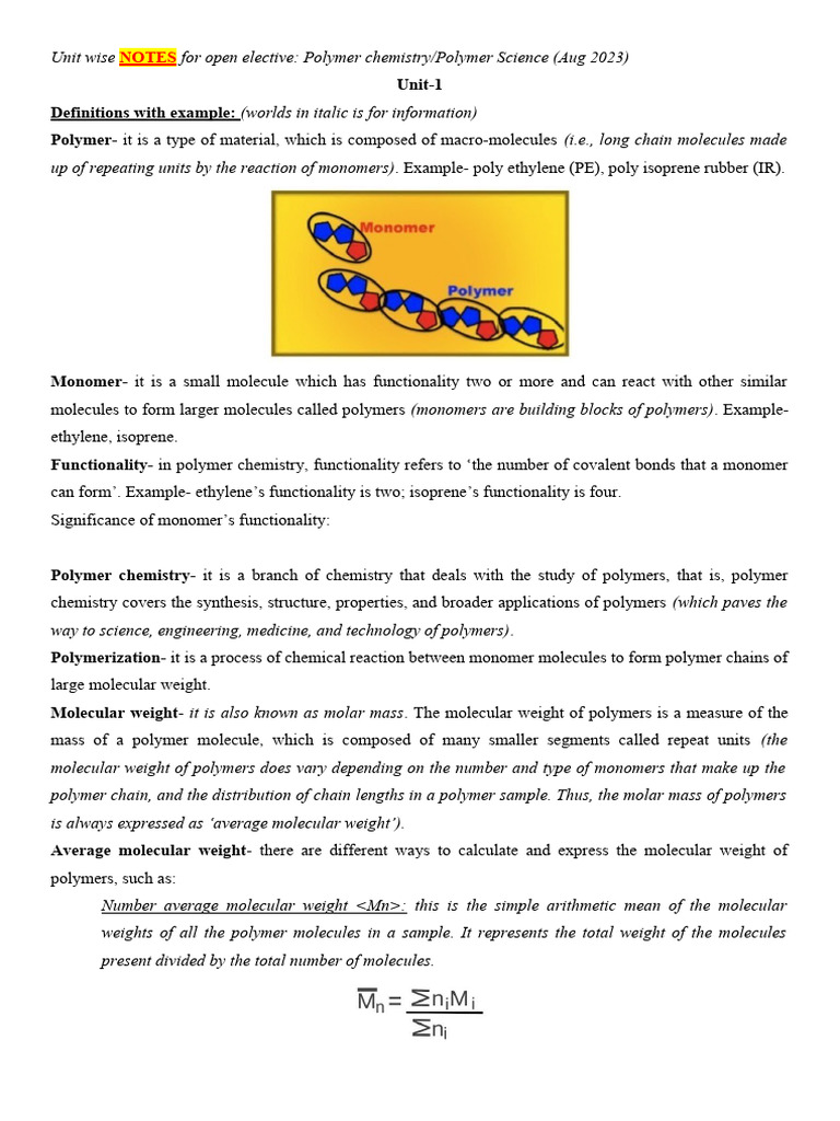 Polymer Chemistry Notes - August 2023 | PDF | Polymers | Molecules